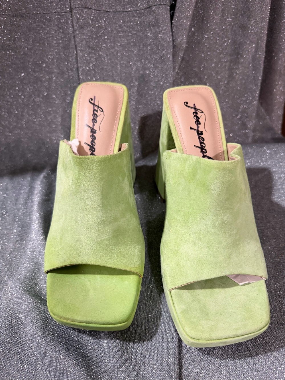 Free People margo apple Green Suede Open-Toe Block Heel Mules 39 new